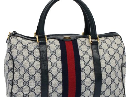 GUCCI GG Canvas Sherry Line Boston Bag Gray Red Navy 010 378 54741 For Sale